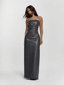 MUSERA Đầm maxi giả da không dây, xẻ lưng, gợi cảm, thích hợp đi chơi đêm, phong cách đường phố dễ thương, đầm dài thanh lịch dự tiệc, tốt nghiệp, dạ hội. - màu đen - Xem 3
