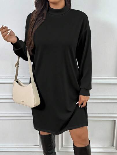 EMERY ROSE Versatile Casual Autumn And Winter Plus Size Casual Solid Color Stand Collar Long Dress Suitable For Autumn And Winter Suitable For Daily Commuting Black Casual Dress Women Long Sleeve Dress Casual Black Dress