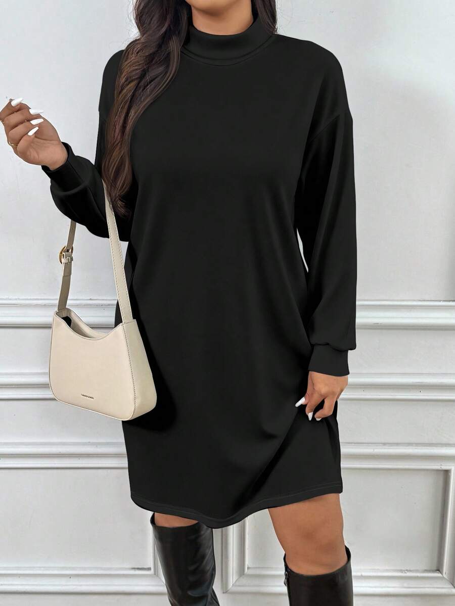 SHEIN Frenchy 百搭休闲秋冬大码休闲纯色立领长款连衣裙适合秋冬日常通勤 - 黑色 - 查看 1