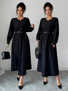 Elenzga Elegant Solid Color Long Sleeve Women Midi Dresses - Black - View 1