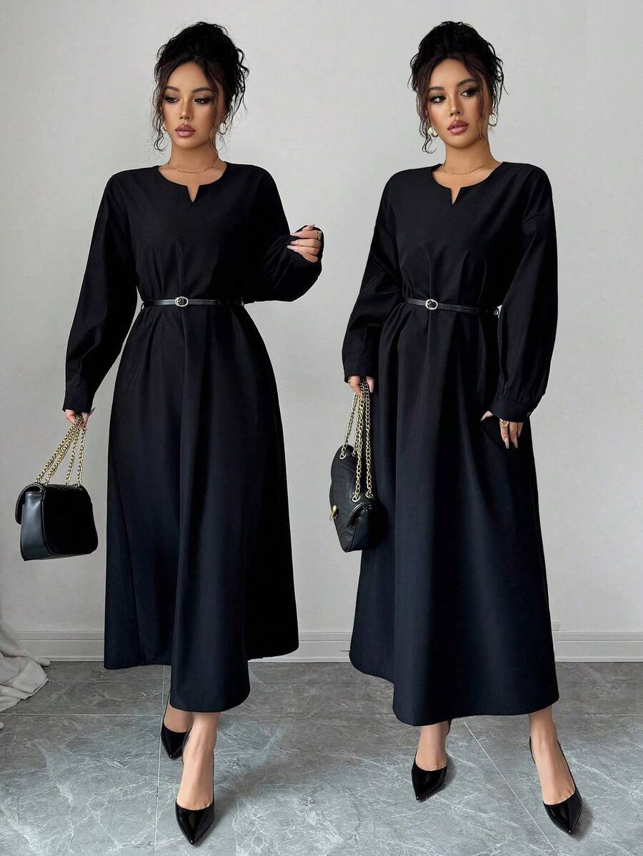 Elenzga Elegant Solid Color Long Sleeve Women Midi Dresses - Black - View 1