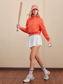 Streetz SHEIN Sport 女式字母刺绣长袖口袋休闲羊毛运动衫 - 橘色 - 查看 7