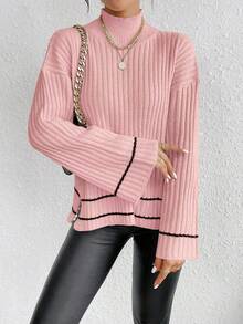 SHEIN LUNE 女式撞色拼色高领休闲套头衫，侧开衩，秋冬 - 粉色 - 查看 4
