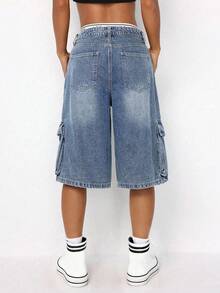 SHEIN ICON 女士休闲水洗牛仔工装短裤 - 淺色水洗藍 - 查看 2