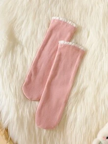 SHEIN 0-9 个月新生女婴长袖连衣裙 + 袜子套装，毛绒兔子刺绣装饰，秋冬，纯粉色柔软羊毛连衣裙，蕾丝花边，休闲、舒适、时尚、简约、实用、多功能、可爱柔软的服装，理想的礼物，每个宝宝的必备品，适合户外穿着 - 粉色 - 查看 9