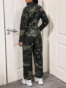 SHEIN Tall Women's Casual Versatile Drawstring Sexy Camouflage Denim Jumpsuit And Overalls - Multicolor - View 2