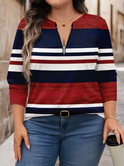 EMERY ROSE Camiseta de Manga Longa Feminina Plus Size Casual com Estampa Listrada Vermelha, Branca e Azul, Decote Redondo, Ajuste Solto, Tops Femininos de Manga Longa Vermelho e Azul, Tops de Outono para Mulheres, Tops Casuais Femininos/Outono/Inverno
