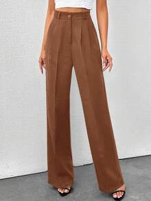 SHEIN Tall 高腰女式纯色阔腿裤 - 棕色 - 查看 6