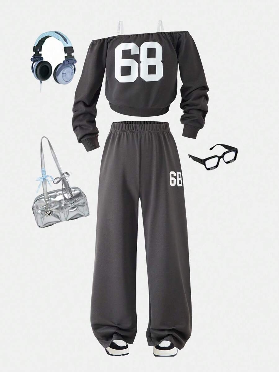 2pcs/Set Tween Girls' Off-Shoulder Sweatshirt And Loose Fit Sweatpants Casual Sports Suit, Autumn/Winter - Dark Grey - View 1