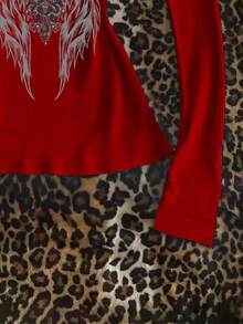 SHEIN 女式圆领修身复古长袖T恤 - 紅色 - 查看 4