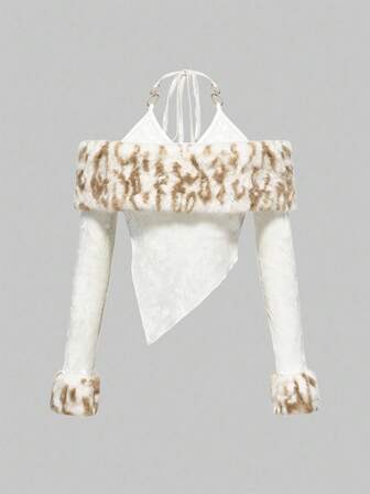 J-Fashion Top corto con hombros descubiertos, estilo patchwork de piel sintética y atar, estilo Harajuku Y2K para mujer, otoño/invierno