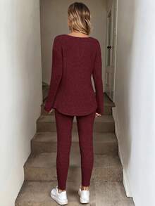 Easowa 女士保暖罗纹长袖T恤和打底裤两件套，粉色，秋冬季，舒适秋冬针织两件套，女士舒适家居两件套，舒适两件套毛衣套装，秋季，女士秋装 - 酒紅色 - 查看 3
