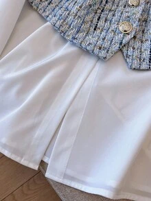 GlowEve 女式纯色简约长袖 T 恤和吊带背心两件套，日常穿着 - 藍白色 - 查看 5