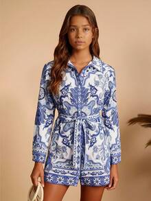 Travachic KIDS Tween Girls' Vacation Casual Elegant Floral Print Long Sleeve Dress - Blue and White - View 4