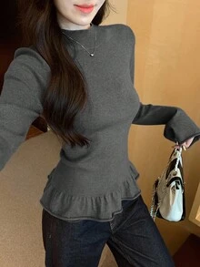 DAZY 女式纯色立领喇叭袖荷叶边下摆修身毛衣，秋季 - 灰色 - 查看 4