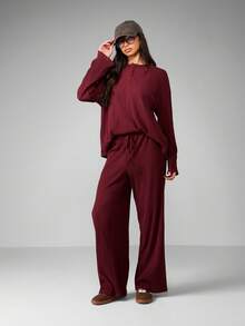 MISSGUIDED 罗纹针织纽扣细节家居服阔腿裤套装舒适秋冬家居服长袖 - 鏽棕色 - 查看 1