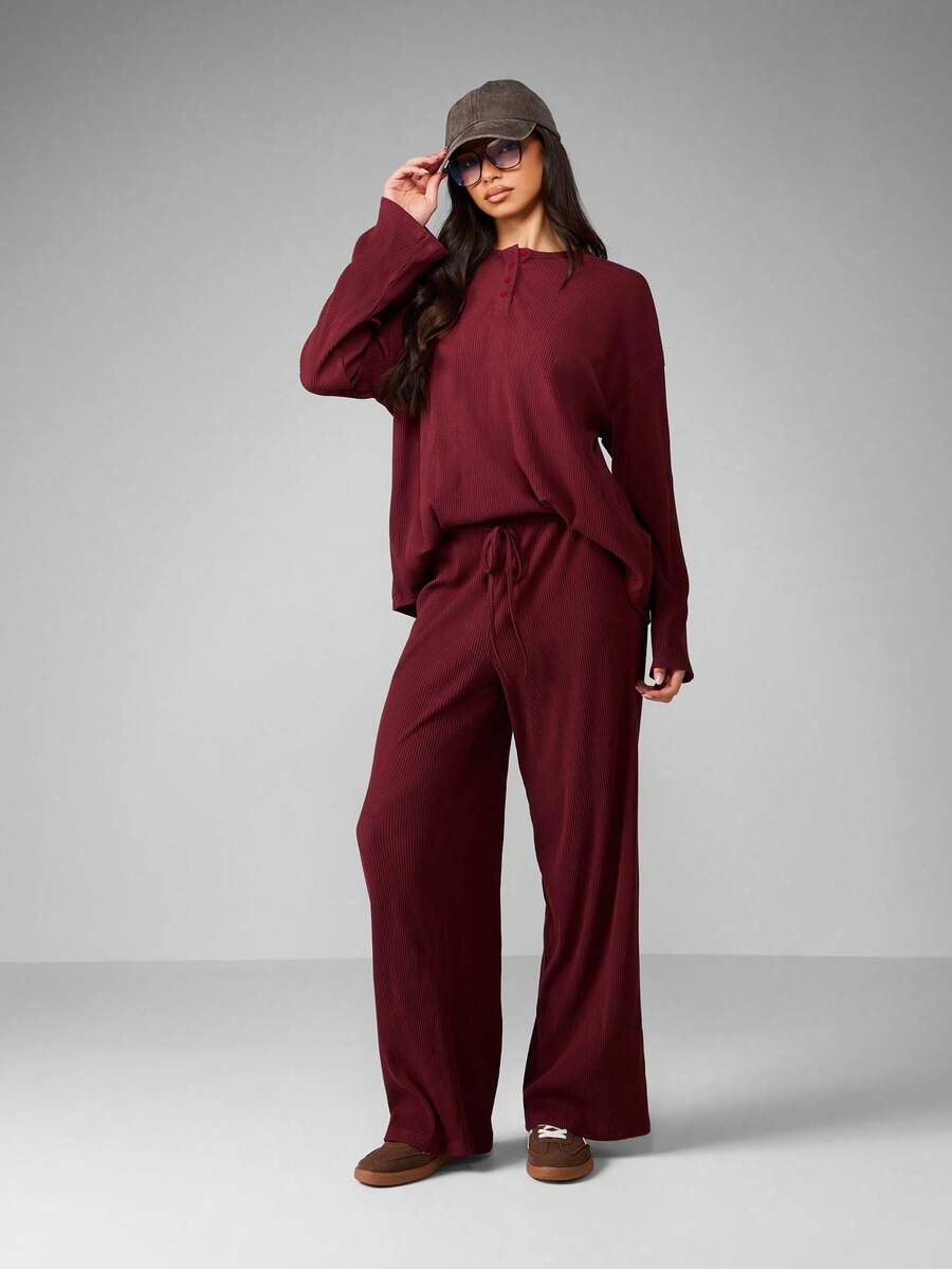 MISSGUIDED 罗纹针织纽扣细节家居服阔腿裤套装舒适秋冬家居服长袖 - 鏽棕色 - 查看 1