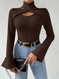 Almamuse Christmas Women's Solid Color Cross V-Neck Fitted Flare Sleeve T-Shirt Hollow Out Top Ribbed Knit Top Chocolate Brown Top