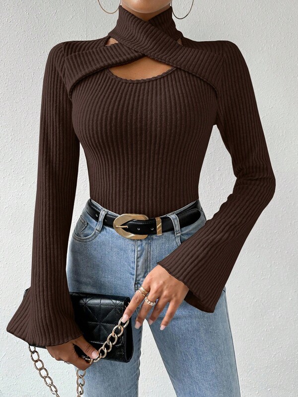 Almamuse Christmas Women's Solid Color Cross V-Neck Fitted Flare Sleeve T-Shirt Hollow Out Top Ribbed Knit Top Chocolate Brown Top