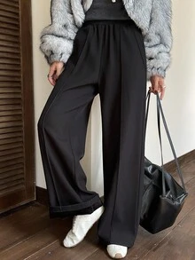 DAZY Quần dài lưng thun co giãn thẳng màu trơn lót nhiệt dành cho nữ, thích hợp mặc đi làm vào mùa thu/đông Quần dài thường ngày lót nhiệt màu trơn dành cho nữ - màu đen - Xem 7