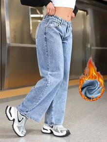SHEIN PETITE 女式宽松休闲保暖阔腿牛仔裤 - 藍色 - 查看 4