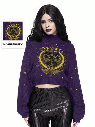 High Neck Dark Gothic Black Mysterious Cat Embroidery Pullover Sweater