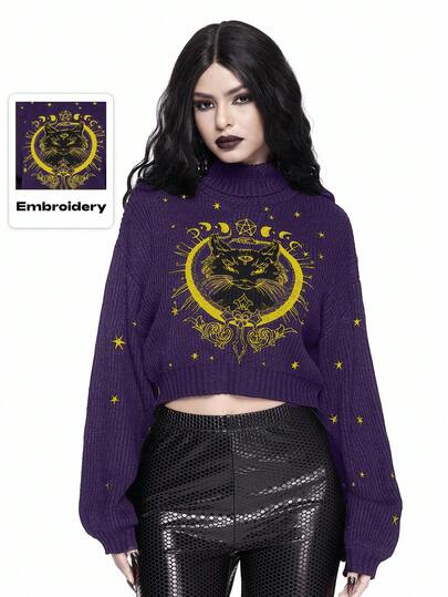 Goth Pull sombre à col montant, broderie mystérieuse de chat gothique noir