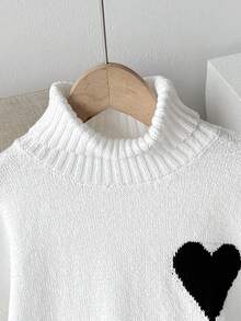 Tween Girl Heart Pattern High Neck Drop Shoulder Long Sleeve Casual Knit Dress,Black And White Cute Autumn Holiday Back-To-School Christmas Sweaters - Multicolor - View 3