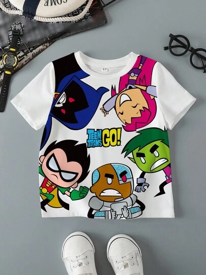 Teen Titans Go X SHEIN 小男孩卡通人物图案圆领短袖T恤
