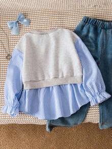 Genkimix Kids Girls Fall Winter Sweatshirt, Korean Style Heart Print Fleece Pullover With Blue Striped Ruffle Hem & Puff Sleeves, Casual Long Sleeve Tops For Young Girls - Blue - View 2