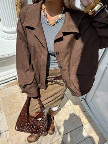 DAZY 女式纹理面料翻领宽松休闲夹克 - 咖啡棕 - 查看 5