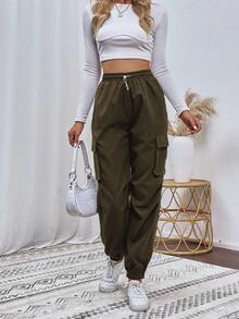 SHEIN Unity 女式纯色抽绳腰带口袋褶皱休闲哈伦裤 - 橄欖綠 - 查看 6