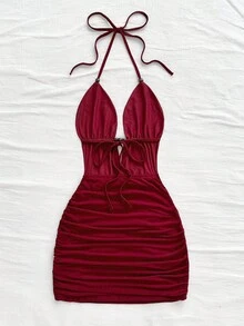 Soleia Váy ngắn hở lưng buộc dây cổ chữ V sâu gợi cảm dành cho nữ, dáng ôm sát, thích hợp cho tiệc tùng, hẹn hò, trà chiều, kỳ nghỉ hè trên bãi biển gợi cảm và thời trang - Màu Đỏ Sâu - Xem 2