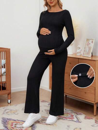 SHEIN 2 piezas Conjunto de top y pantalones casuales de unicolor para maternidad, otoño