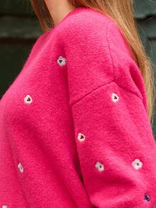 lacRébo Fluffy Relaxed Jumper With Embroidered Flowers Fall Women Clothes Autumn Outfits Fall Women Clothes Spring Summer Going Out Top Office Top - Hot Pink - View 3