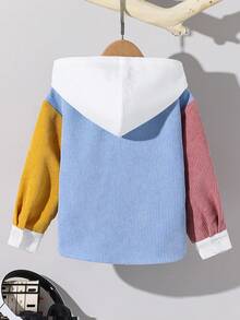 SHEIN Kids Boy Casual Street Style Corduroy Fabric Color Block Lapel Long Sleeve Button-Up Shirt, Suitable For School, Garden, Beach, Birthday, All Seasons - Multicolor - View 2