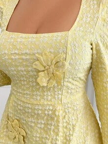 Elenzga 大码女式U领羊腿袖纹理面料A字优雅连衣裙 - 黃色 - 查看 3