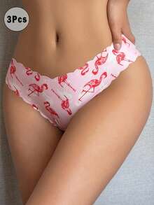 DAZY 3pcs/Set Fully Allover Print Ruffle Trim Women's Thong Panties - Apricot - View 5