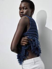 Maija 女士圆领无袖流苏下摆镂空针织上衣，波西米亚风格，适合海滩、海岛度假、音乐节、乡村郊游、派对等场合穿着。 - 藍色 - 查看 4