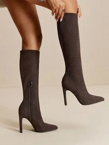 Daringsoles 女士尖头粗跟性感绒面革过膝靴，棕色，正式派对靴，秋冬