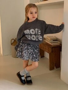 DAZY Young Girls Round Neck Korean Style Letter Casual Loose Long Sleeve Sweater - Grey - View 5