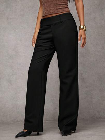 SHEIN BAE Women's Solid Color Low-Waist Casual Pants,Black Pants