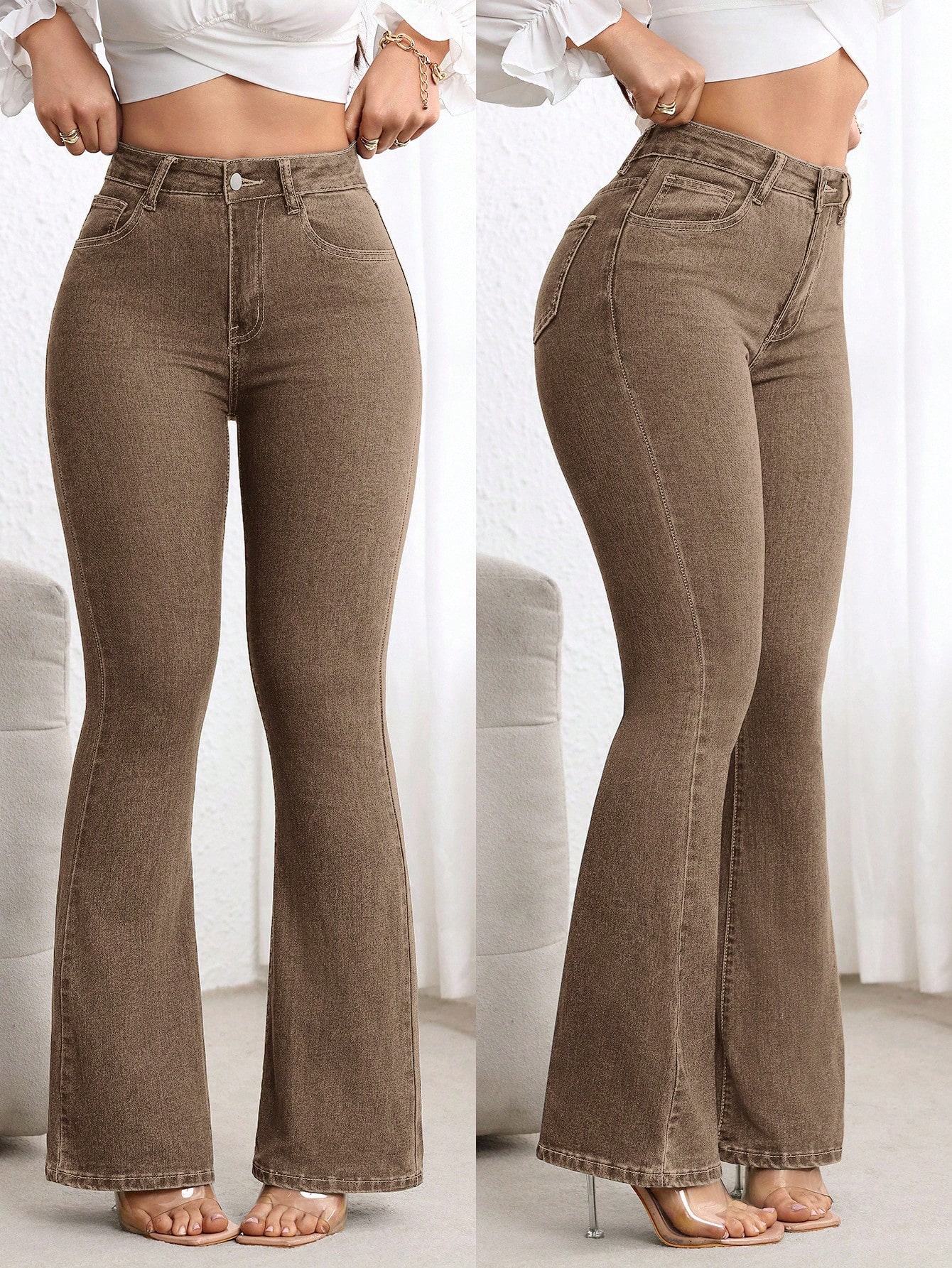 Flexra بنطلون جينز ضيق بساق متسعة لون أحادي للاستخ...