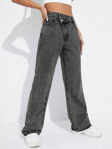 SHEIN EZwear 冬季加大码女式不对称腰身个性化时尚牛仔长裤 - 深灰色 - 查看 3