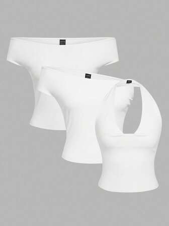 SHEIN EZwear 3-In-1 White Women's Casual Sexy Bodycon Top Set, Versatile For Daily Wear