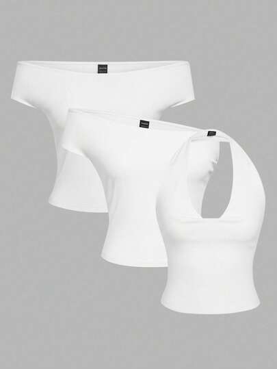 SHEIN EZwear 3-In-1 White Women's Casual Sexy Bodycon Top Set, Versatile For Daily Wear