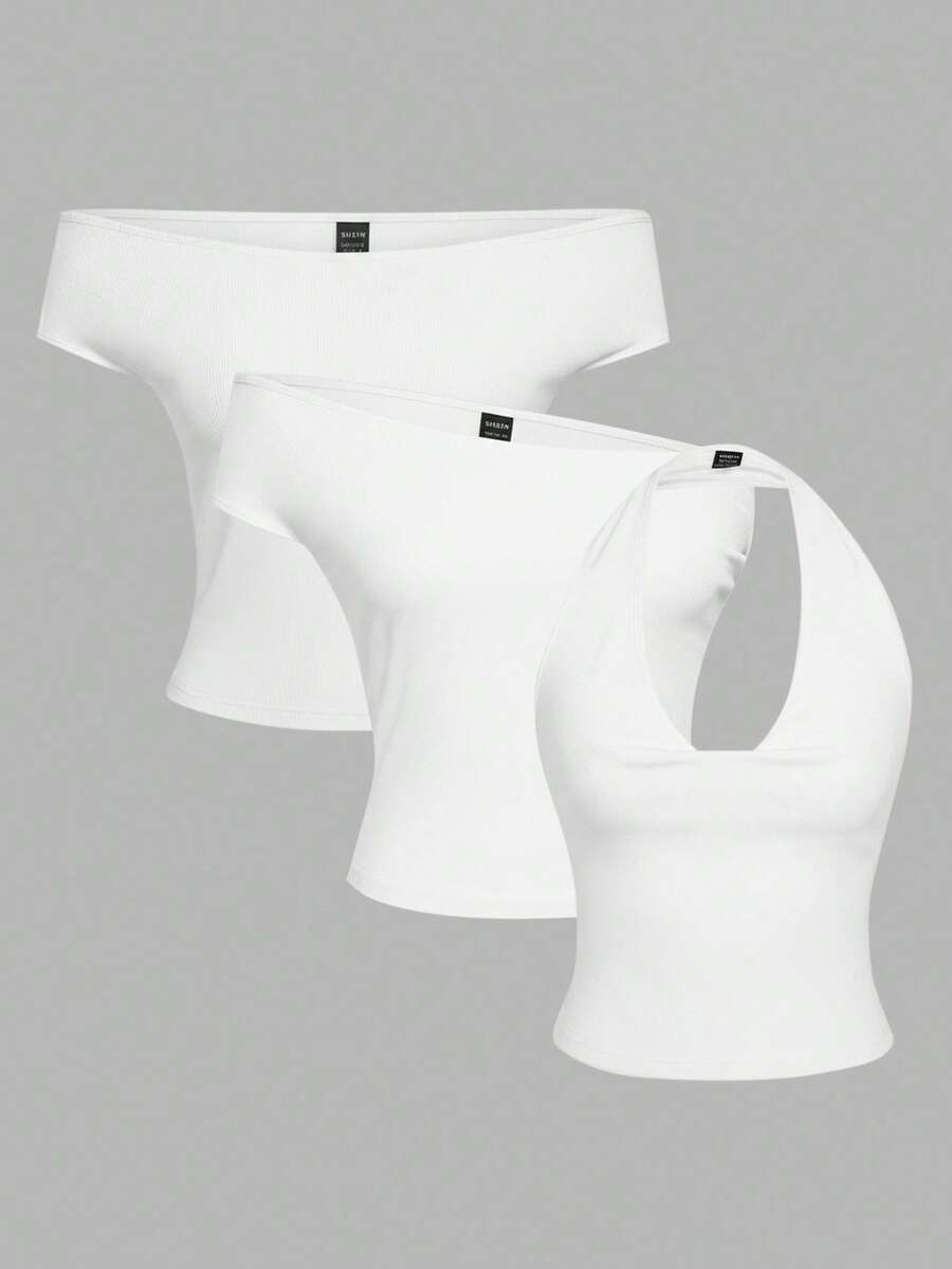 SHEIN EZwear 三合一白色女士休闲性感紧身上衣套装，适合日常穿着 - 白色 - 查看 1