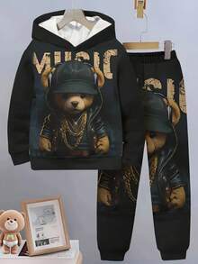 1 Set Young Boys' Fashionable Cool Cute Bear & Letter Print Hoodie Sweatshirt + Pants Outfit, Suitable For Autumn/Winter Daily Wear, School, Etc.