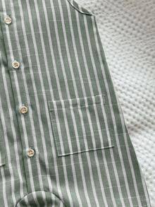 SHEIN 2pcs/Set Baby Boys/Girls Summer Green & White Striped Sleeveless Jumpsuit Shorts And Matching Bucket Hat, Casual Vacation Outfits - Multicolor - View 5