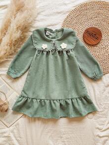 Vintaside Kids 年轻女孩清新绿色碎花修身长袖针织连衣裙，适合外出、休闲装、生日派对和聚会 - 綠色 - 查看 6